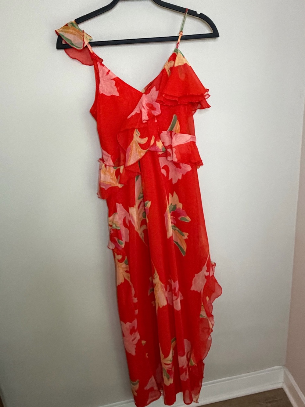 Floral Red Strapless Ruffle Maxi Dress